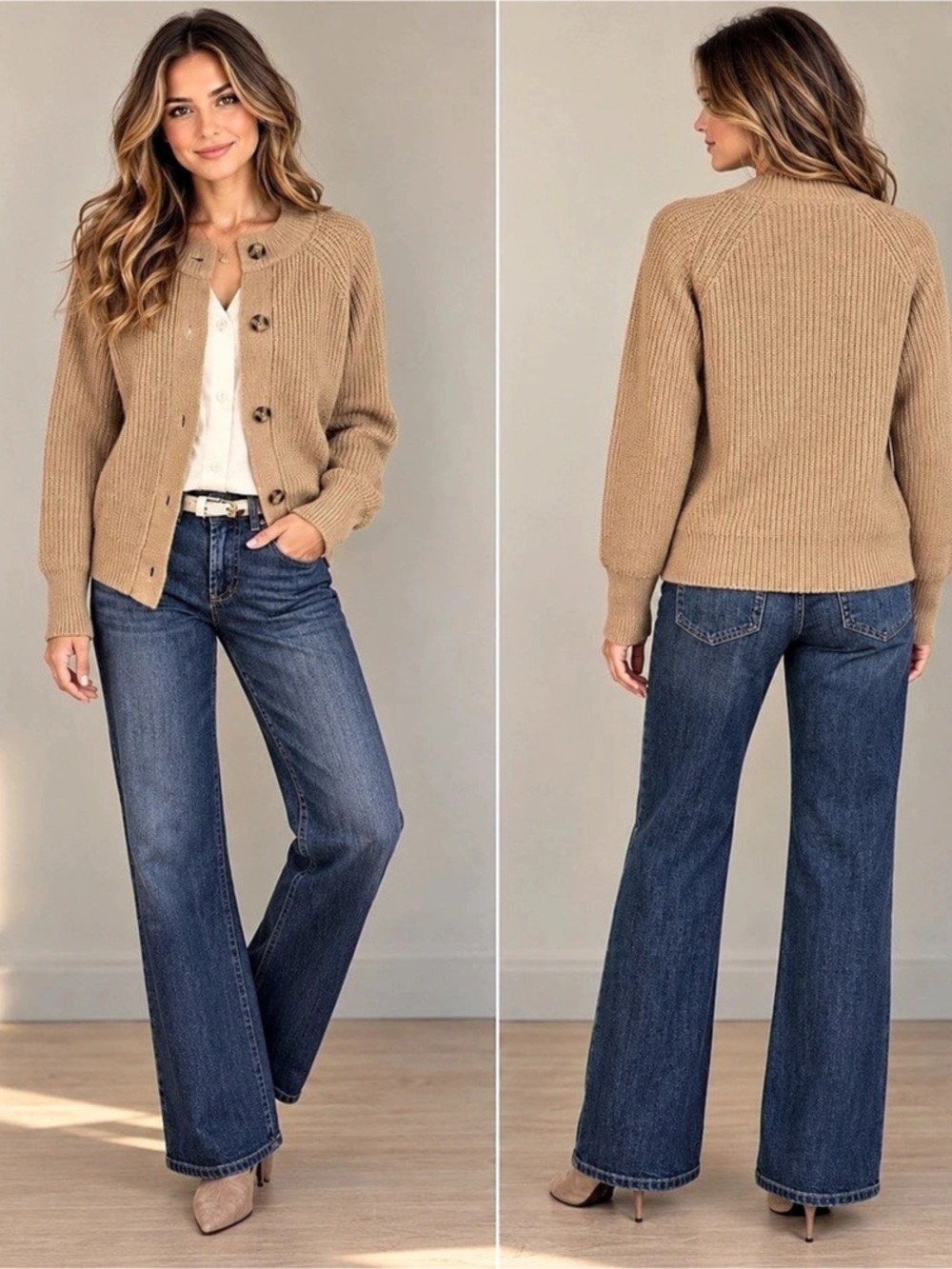 Banana Republic Ribbed Knit
Cardigan Sweater Tan Neutral Button
Front M